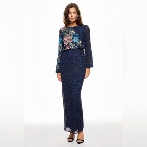 Mac Duggal 5615 Navy Embellished Multi Color Floral High Neck Gown Sz 4